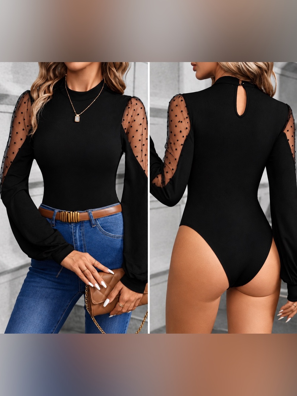 Black Polka Dot Mesh Sleeve Bodysuit Size M NWOT